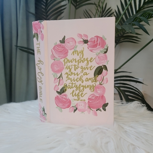 Handpainted Hardcover Pink and Green Custom NLT Bible - Picture 2 of 7